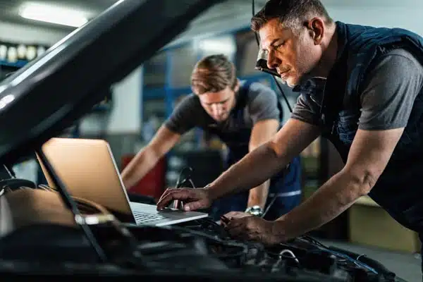 Two mechanics fixing a car while using a laptop